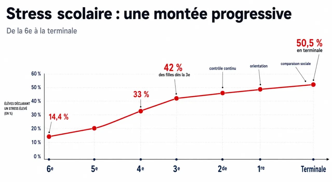 Pourquoi le stress scolaire augmente chez les lycéens : frise des niveaux de pression de la 6e à la terminale