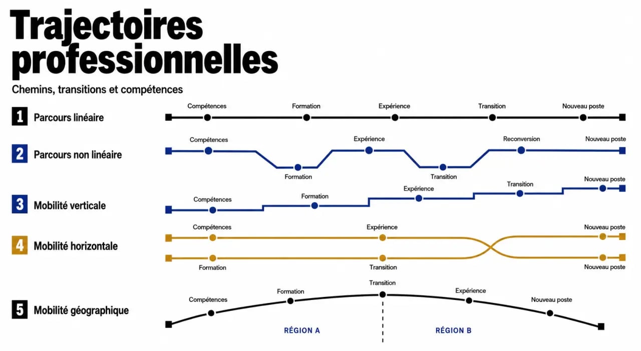 Parcours professionnel illustré par des trajectoires linéaires, non linéaires et des mobilités interne, verticale et géographique