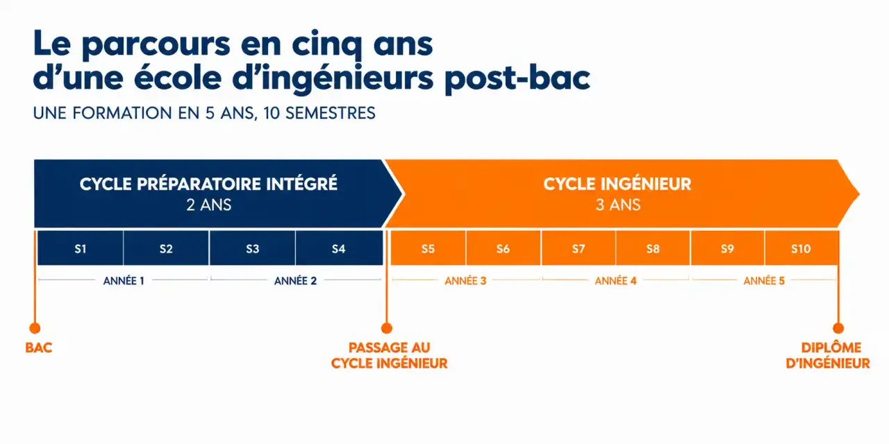 Schéma du parcours en cinq ans d'une école d'ingénieur postbac : deux ans de cycle préparatoire intégré puis trois ans de cycle ingénieur