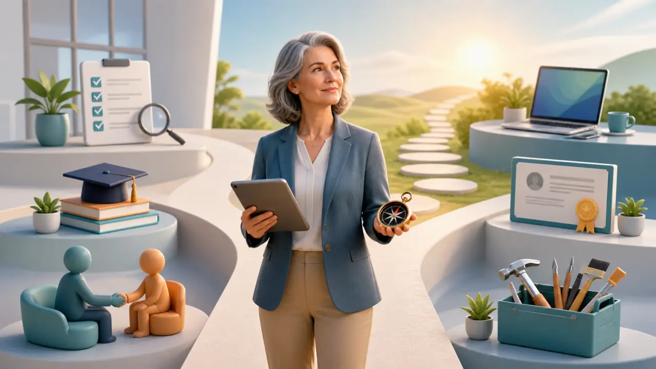 Illustration de reconversion professionnelle avec des chemins interconnectés et des portes ouvertes
