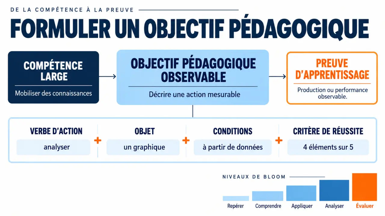 Infographie sur l'objectif pédagogique, sa formulation observable et son lien avec l'évaluation