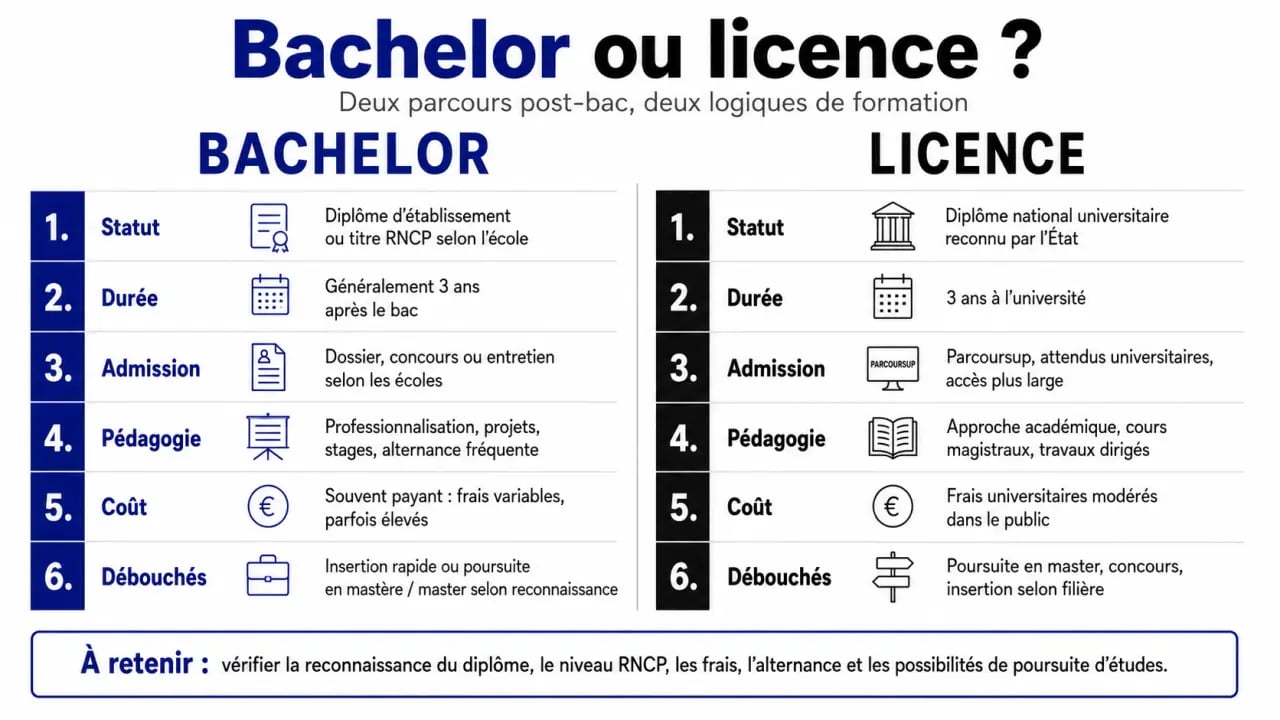 Bachelor ou licence : comparaison visuelle des différences de statut, coût, admission et débouchés