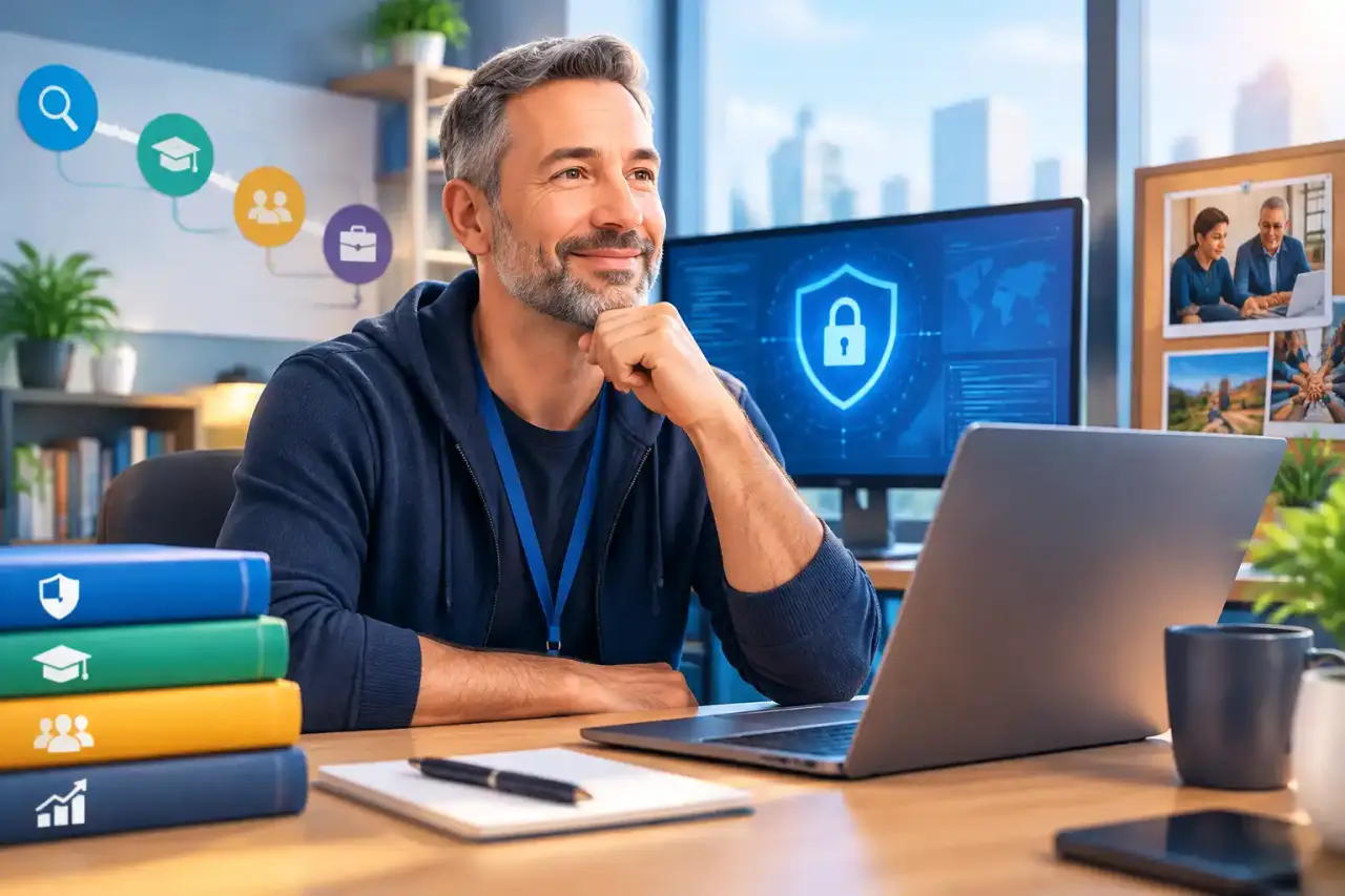Marc travaillant sur un projet de cybersécurité dans un espace de travail lumineux