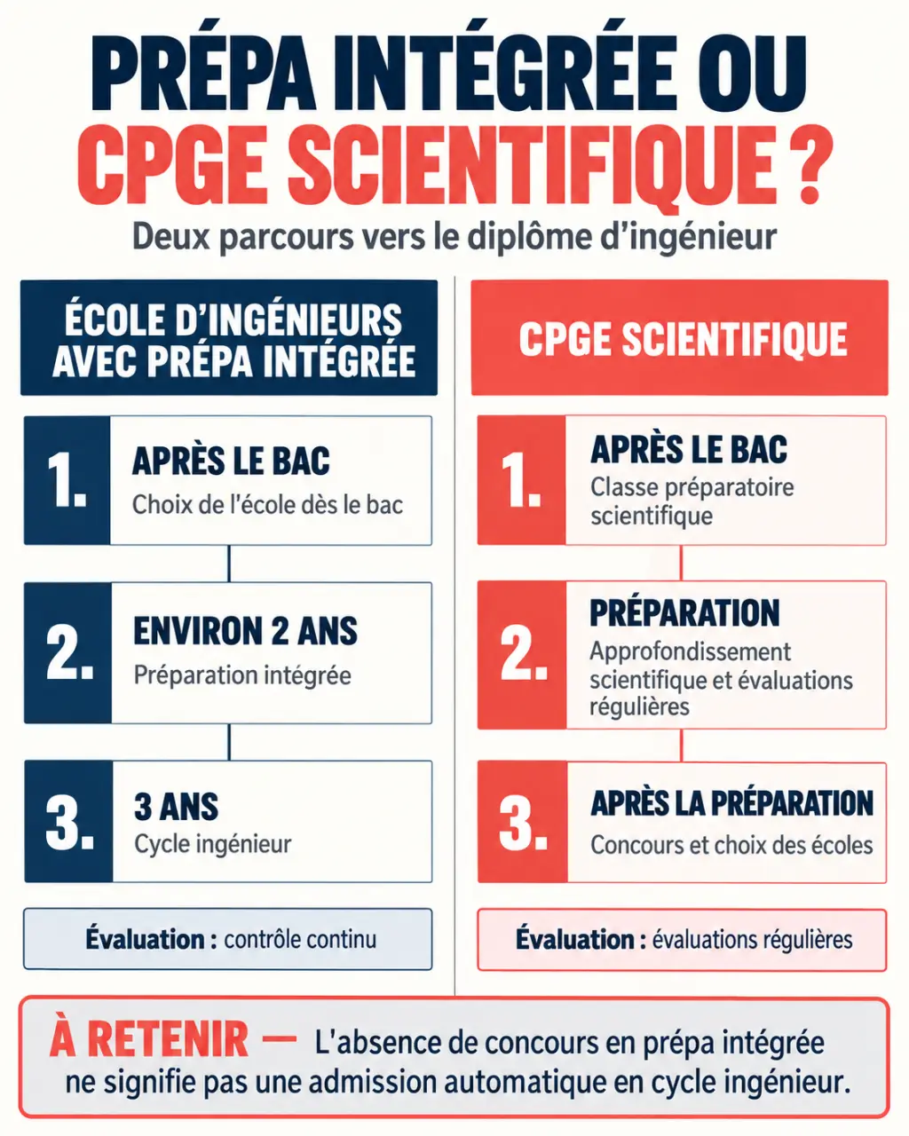 Infographie comparant une école ingénieur prépa intégrée et une CPGE scientifique