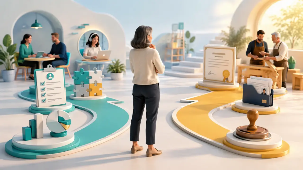 Illustration 3D d'un parcours de reconversion avec chemins interconnectés et portes ouvertes