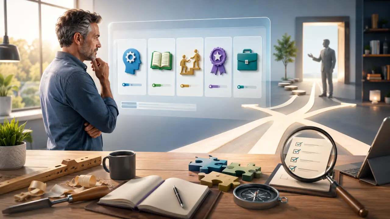 Illustration 3D d'un parcours de reconversion avec chemins interconnectés et portes ouvertes