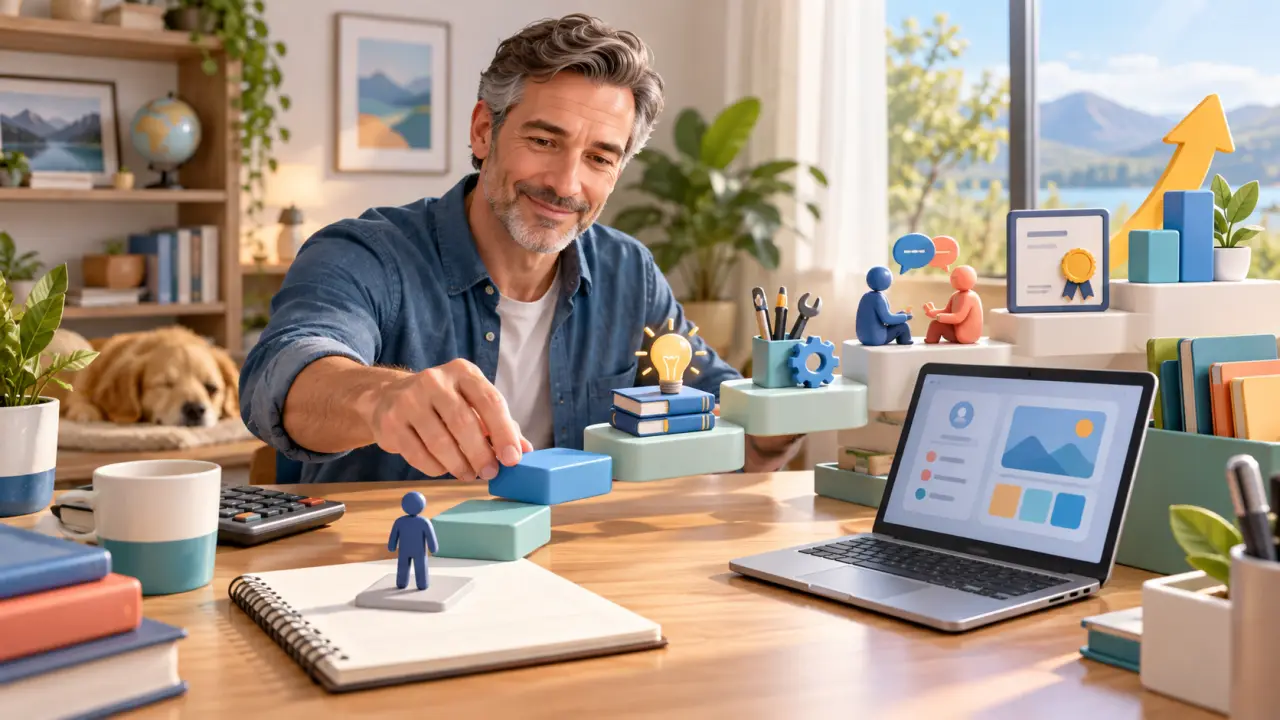 Personne construisant un parcours de reconversion professionnelle à l'aide de repères visuels