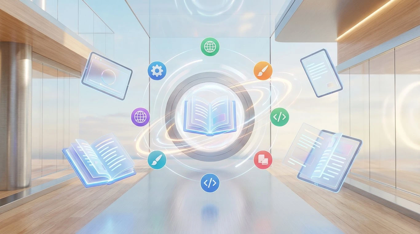 Illustration 3D d'une bibliothèque numérique moderne avec des livres flottants et des tablettes