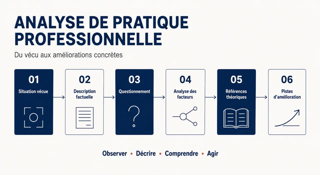 Schéma du parcours d’une analyse de pratique professionnelle en six étapes