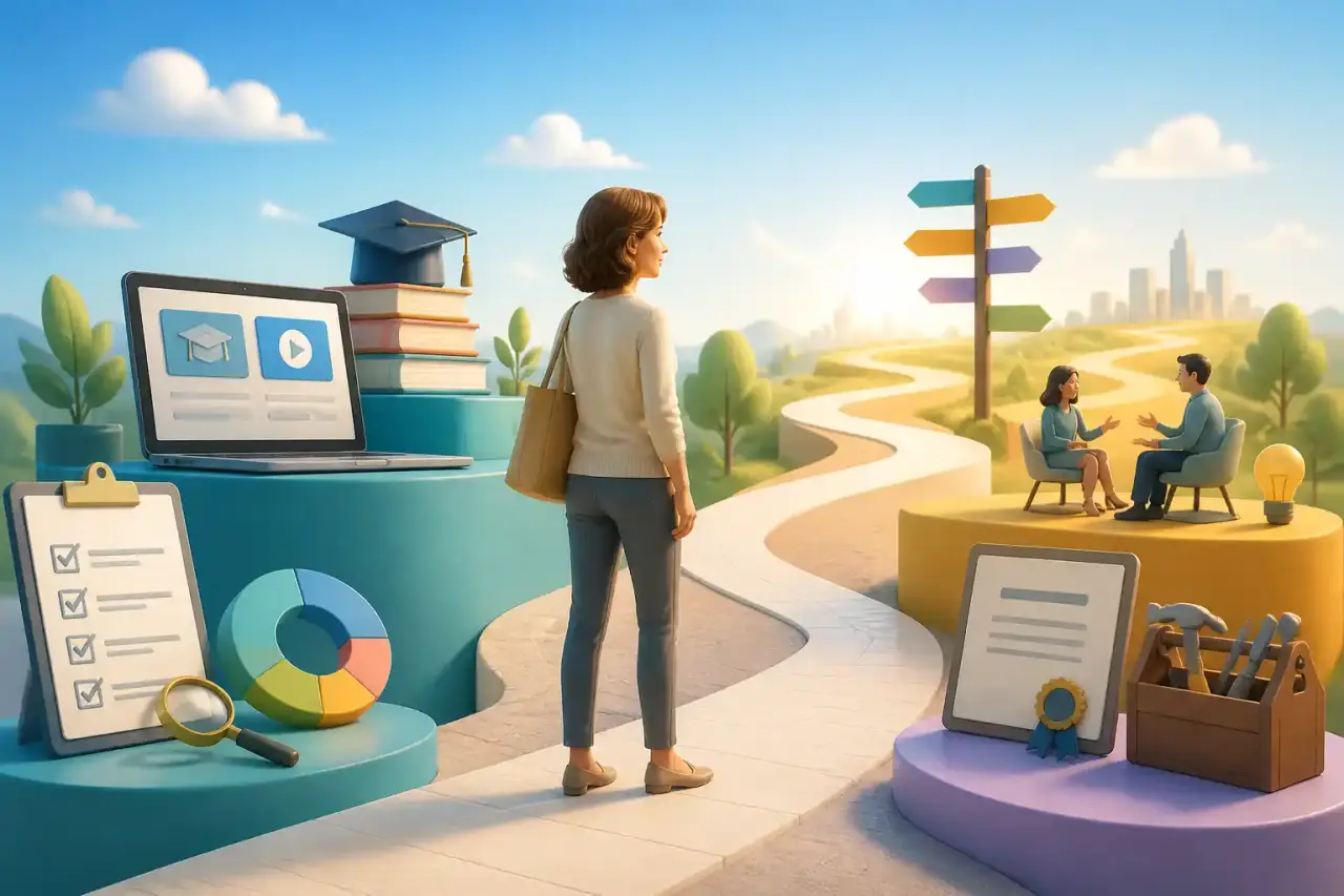 Illustration d'une reconversion professionnelle réussie avec des chemins interconnectés