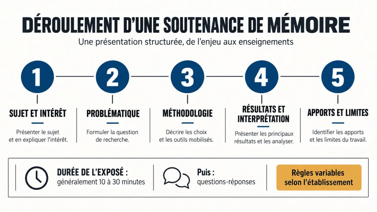Infographie sur le déroulement d'une soutenance de mémoire et la répartition des étapes de présentation