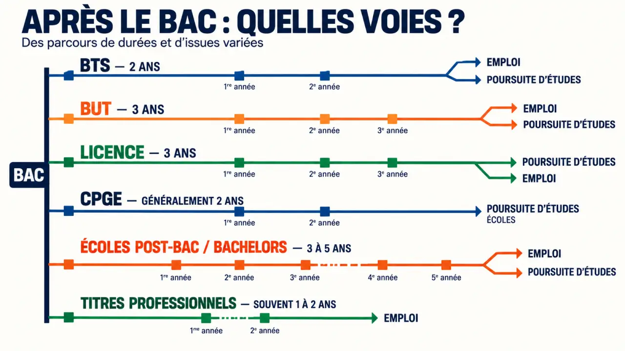 Voies d’études post-bac en France : BTS, BUT, licence, CPGE, écoles et titres professionnels