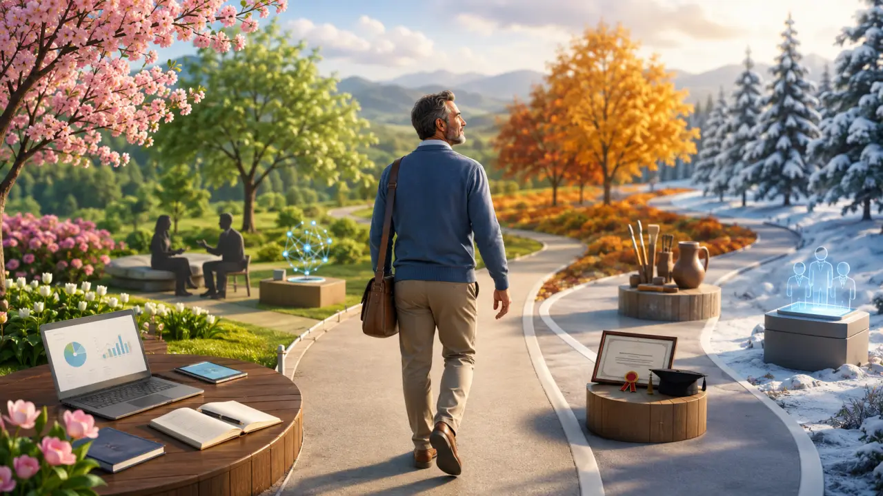 Illustration 3D d'un parcours de reconversion professionnelle après 40 ans