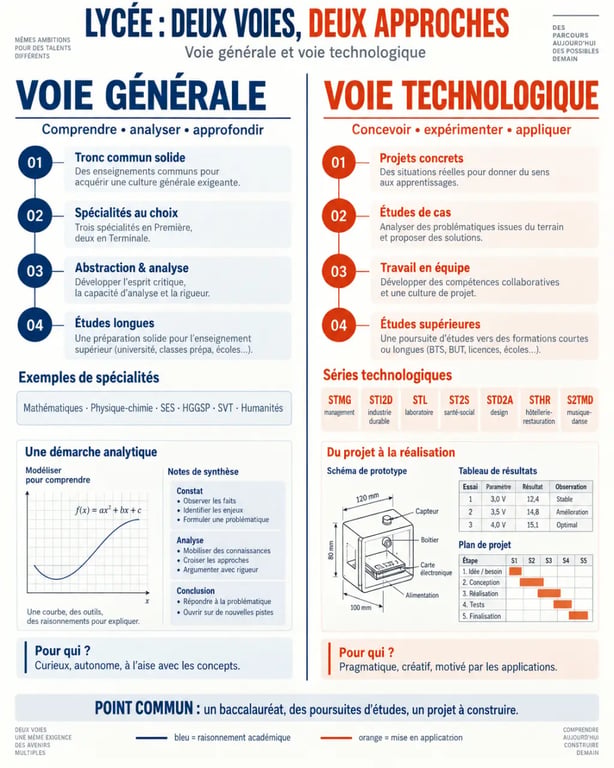 Infographie du comparatif entre la voie générale et la voie technologique au lycée